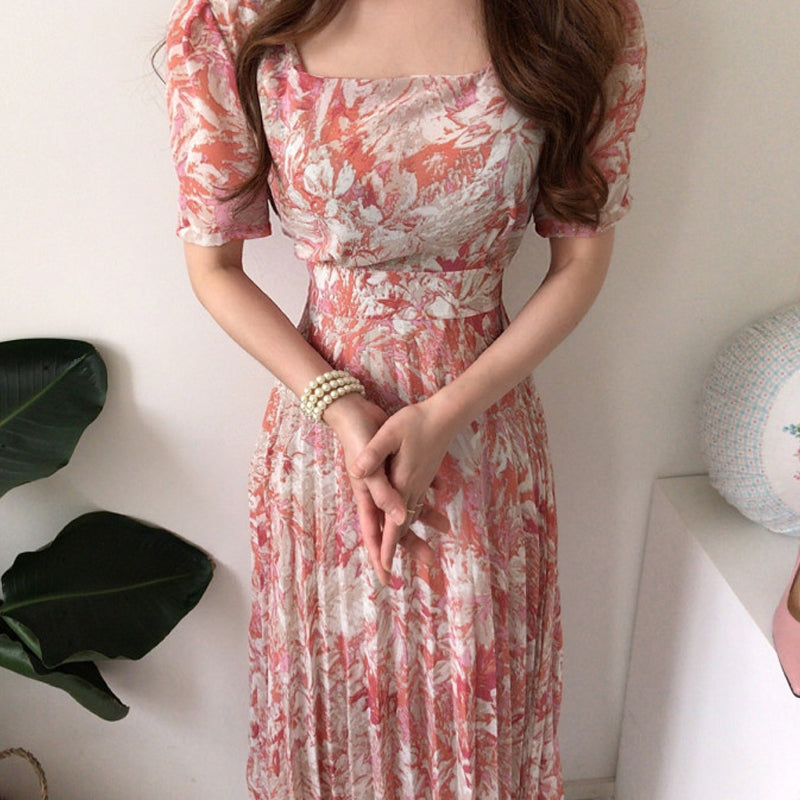 French Style Floral Chiffon Midi Dress