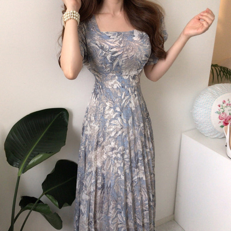 French Style Floral Chiffon Midi Dress