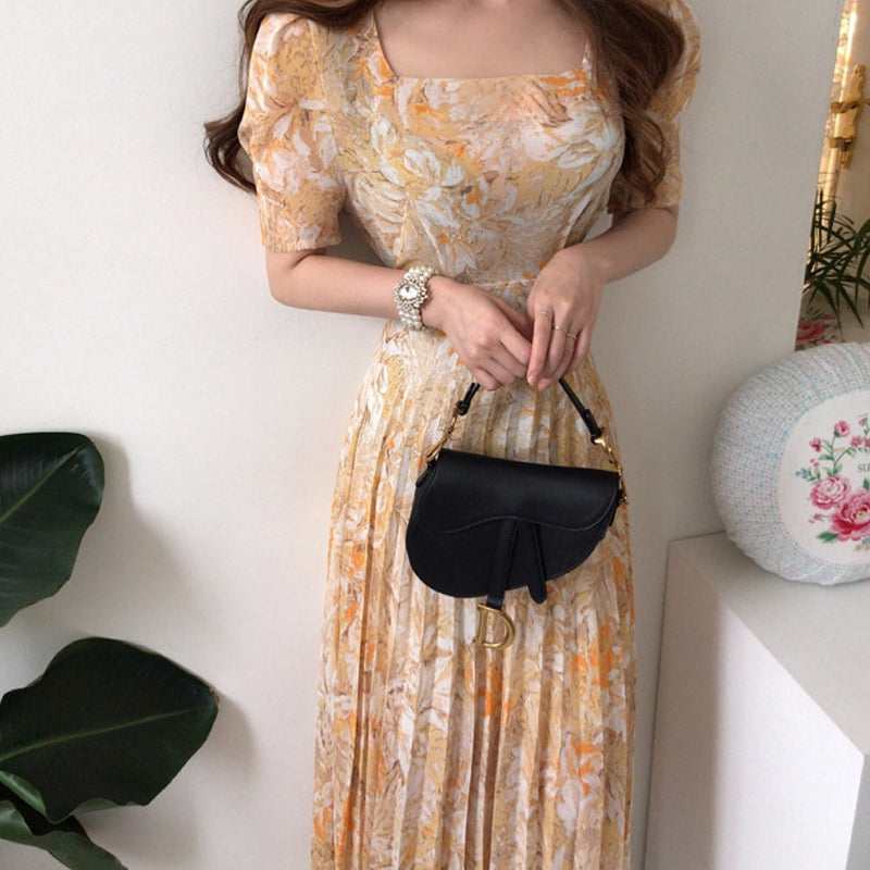 French Style Floral Chiffon Midi Dress