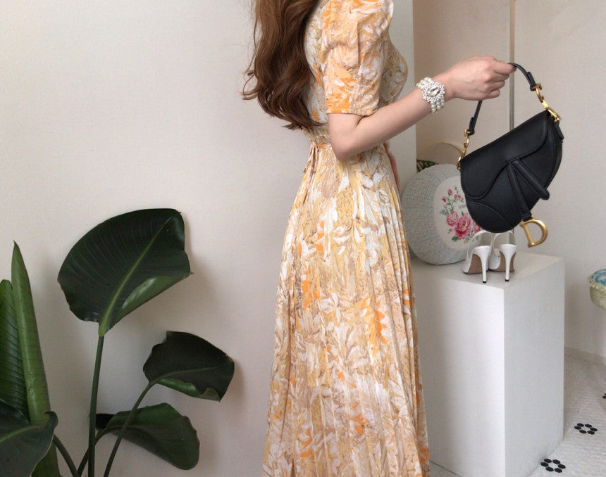 French Style Floral Chiffon Midi Dress