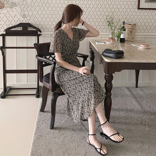 French style Retro Floral Chiffon Dress