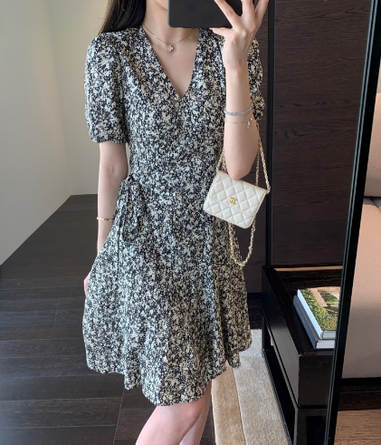 French style Retro Floral Chiffon Dress