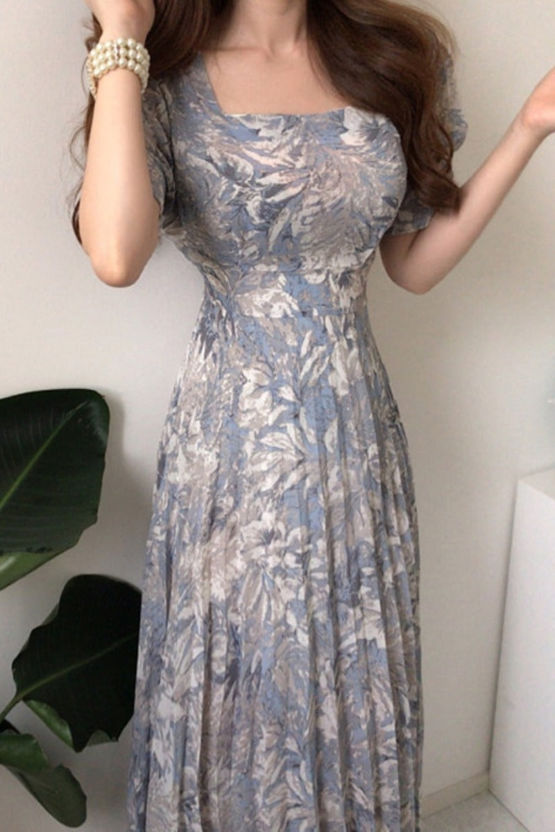 French Style Floral Chiffon Midi Dress