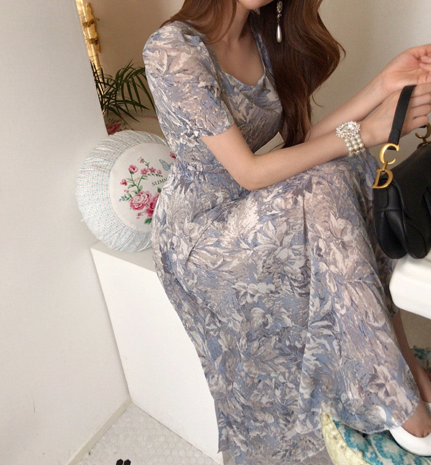 French Style Floral Chiffon Midi Dress