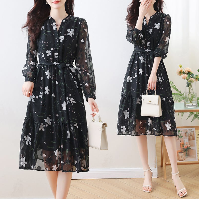 French Style Floral Chiffon Dress