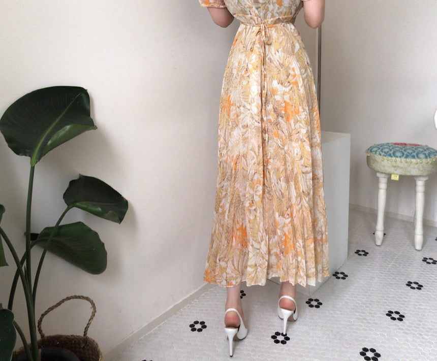 French Style Floral Chiffon Midi Dress