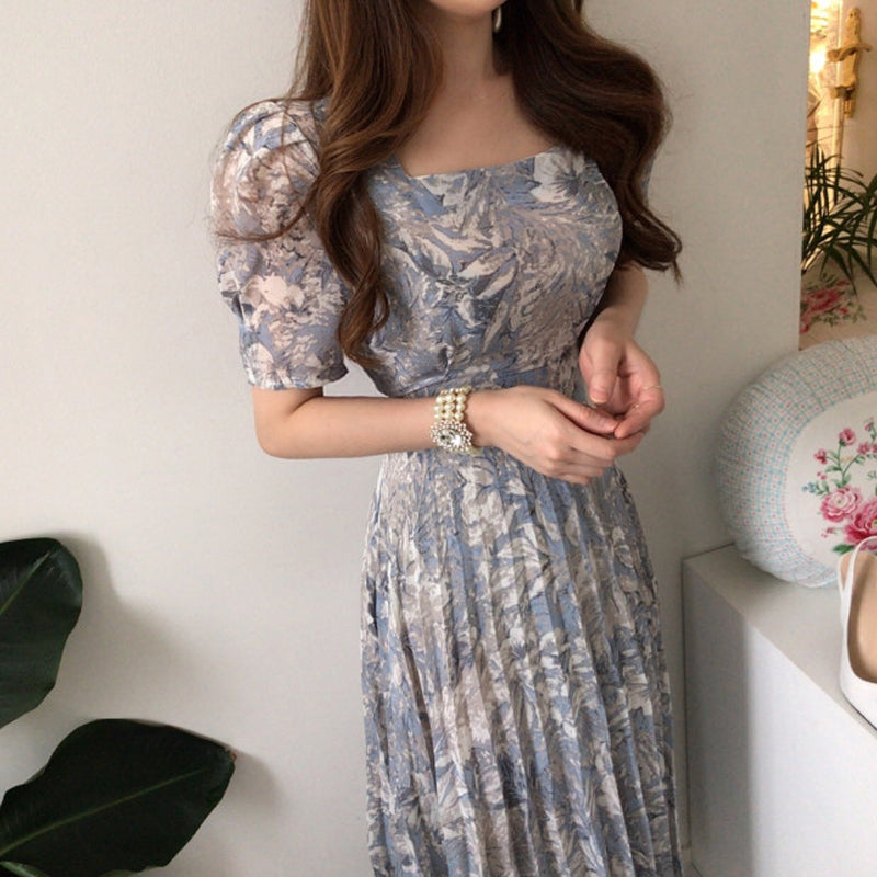 French Style Floral Chiffon Midi Dress